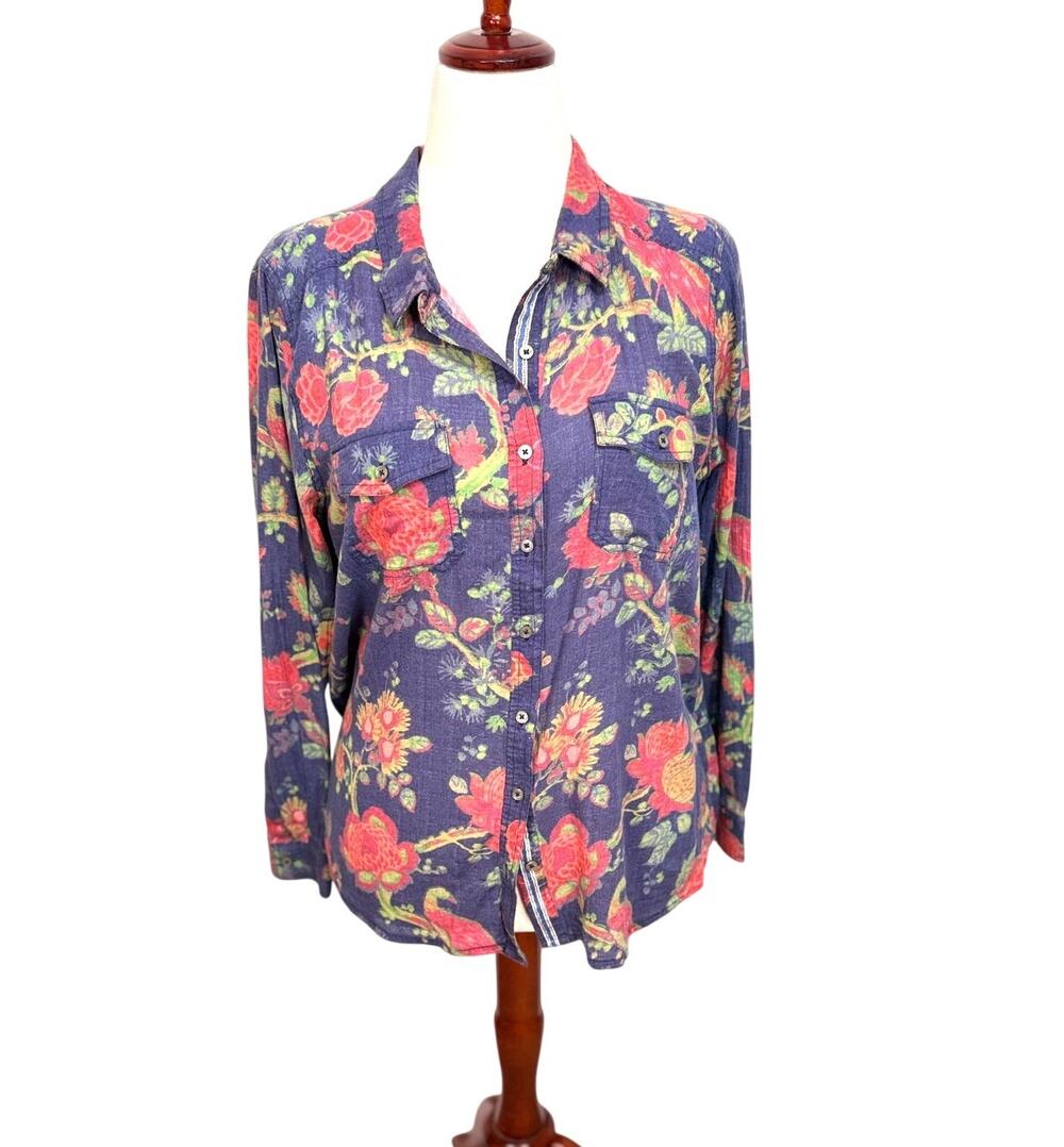 Sundance long sleeve all cotton blouse button up blue red green floral Sz